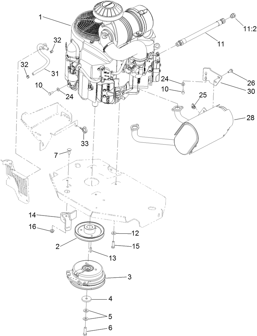Engine, Muffler And Clutch Assembly Diagram and Parts List for 74945CP (311000001-311999999)(2011) Toro Lawn Mower