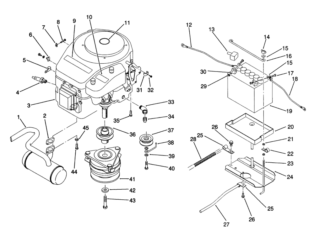 Engine And Battery Mount Assembly Diagram and Parts List for 22-14O501 1000001 - 1999999 Toro Lawn Tractor
