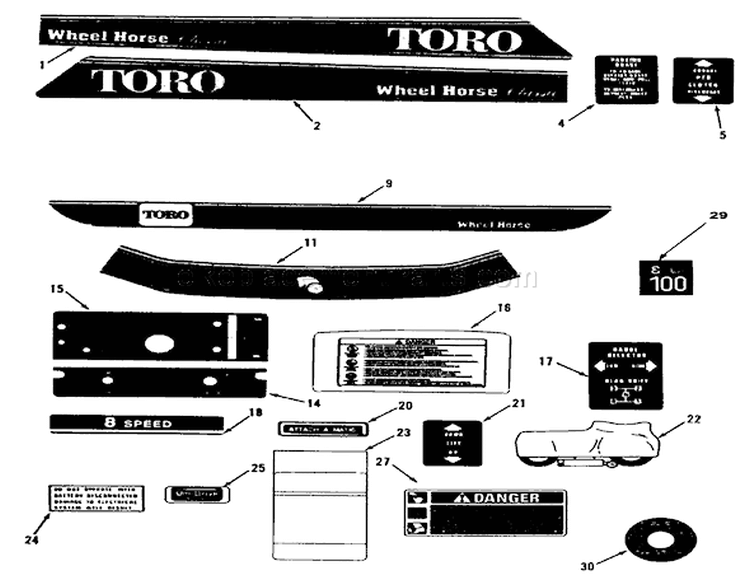 Decals Diagram and Parts List for R1-12K804 2000001-2999999 - 1992 Toro Lawn Tractor