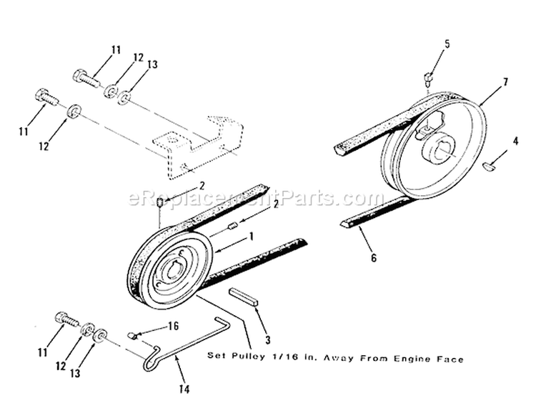 Drive Belt And Pulleys Diagram and Parts List for B1-16O802 1989 Toro Lawn Tractor