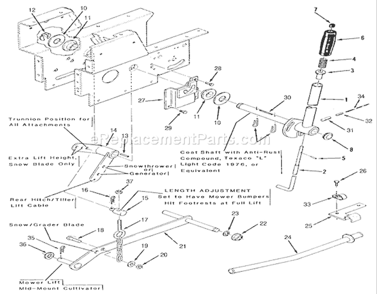 Manual Lift Linkage Diagram and Parts List for R1-16O802 1990 Toro Lawn Tractor