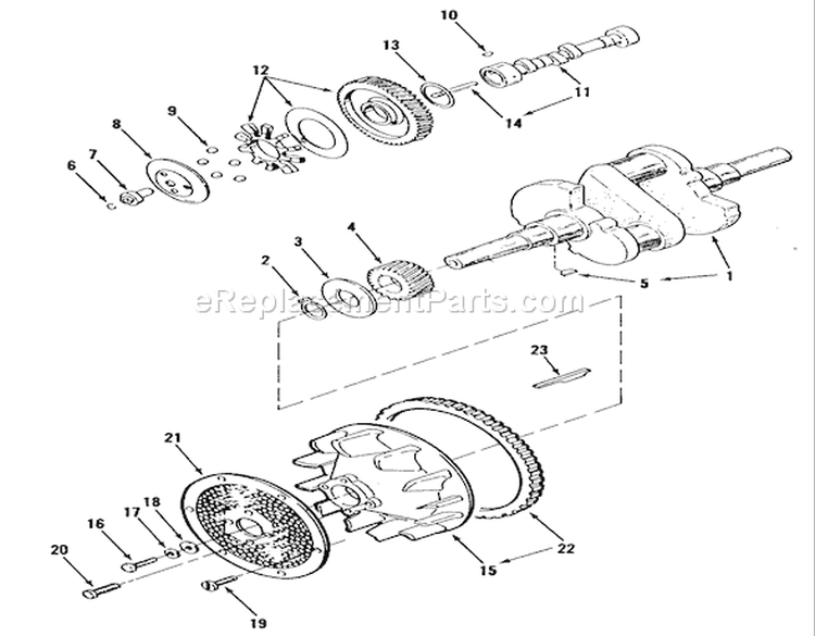 Toro Power Plus Crankshaft, Camshaft, Flywheel Diagram and Parts List for R1-16O802 1990 Toro Lawn Tractor