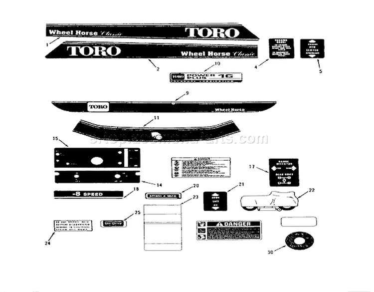 Decals Diagram and Parts List for R1-16O804 2000001-2999999 - 1992 Toro Lawn Tractor