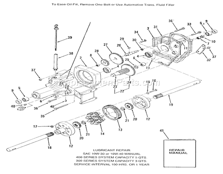 Transaxle Diagram and Parts List for R1-18OE01 1990 Toro Lawn Tractor