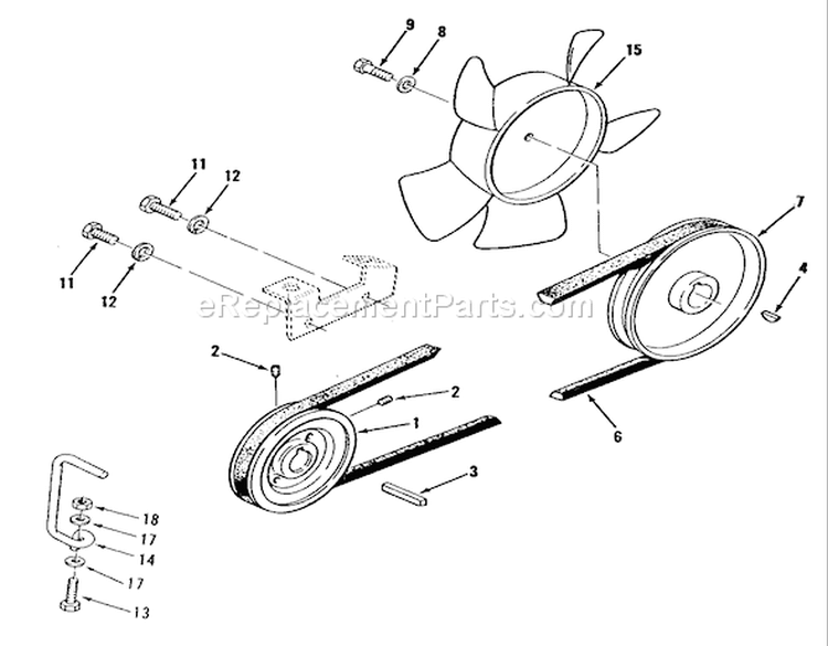 Drive Belt And Pulleys Diagram and Parts List for R1-18OE01 1990 Toro Lawn Tractor