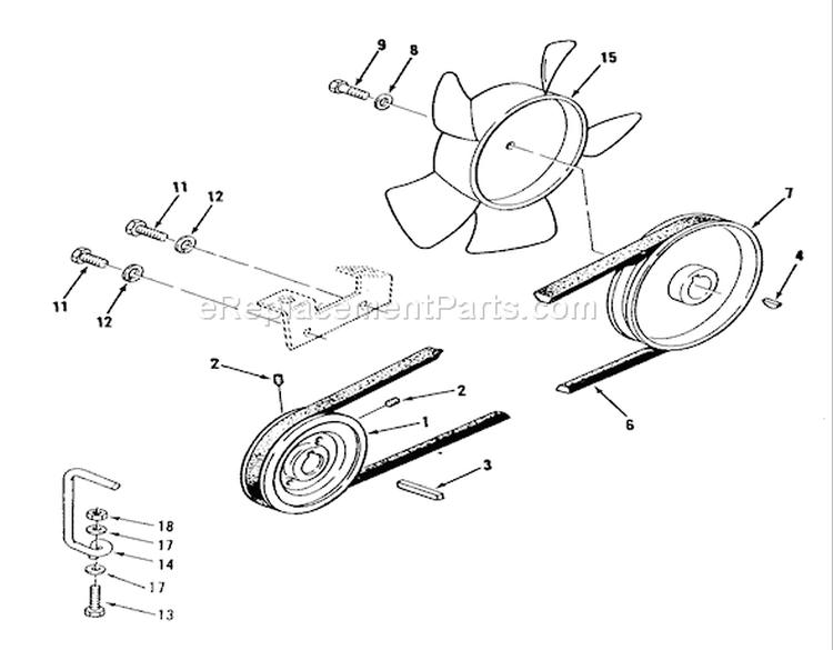 Drive Belt And Pulleys Diagram and Parts List for R1-18OE02 1990 Toro Lawn Tractor