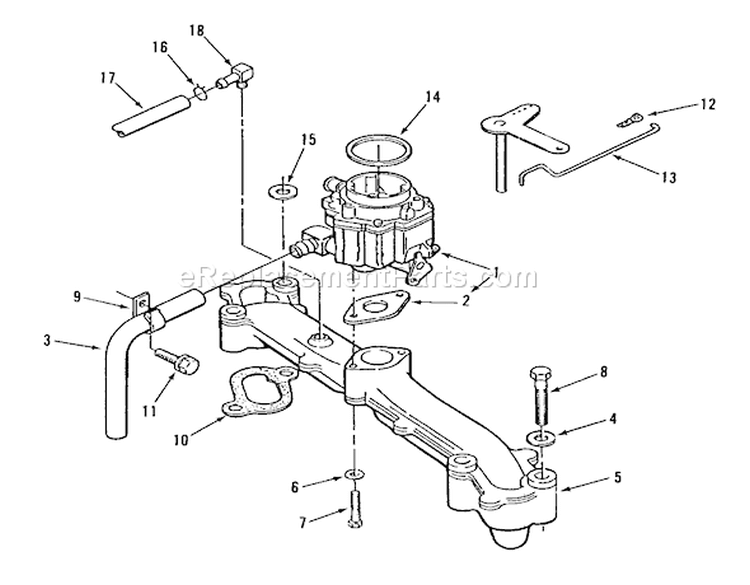 Intake Manifold Diagram and Parts List for R1-18OE02 1990 Toro Lawn Tractor