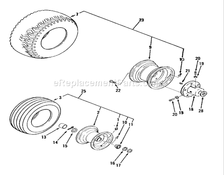 Wheels And Tires Diagram and Parts List for R1-18OE02 1990 Toro Lawn Tractor