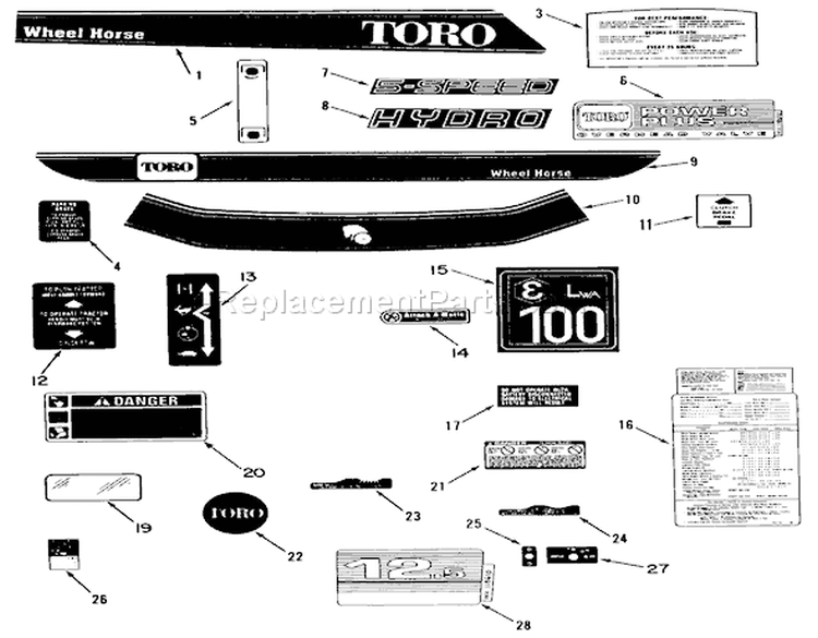 Decal & Miscellaneous Parts Assembly Diagram and Parts List for R2-12OE02 2000001-2999999 - 1992 Toro Lawn Tractor