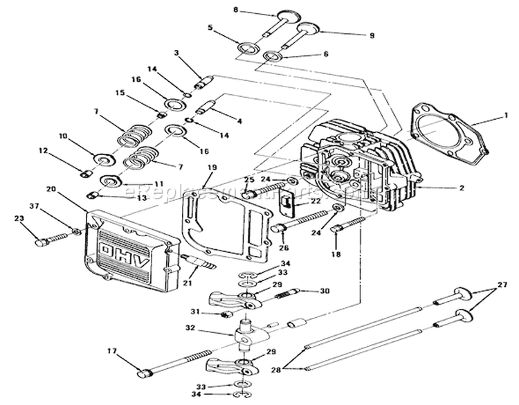 12Hp Engine Cylinder Head & Valves Assembly Diagram and Parts List for R2-12OE02 2000001-2999999 - 1992 Toro Lawn Tractor