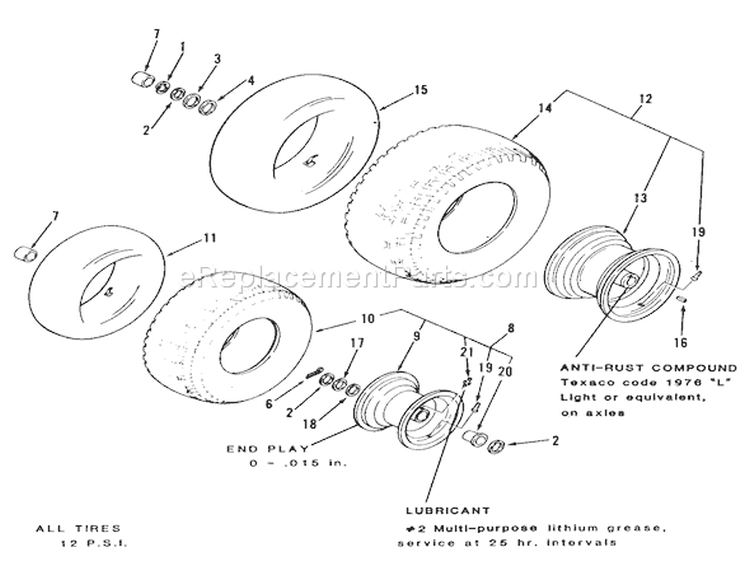 Wheels And Tires Diagram and Parts List for E2-17K502 1989 Toro Lawn Tractor
