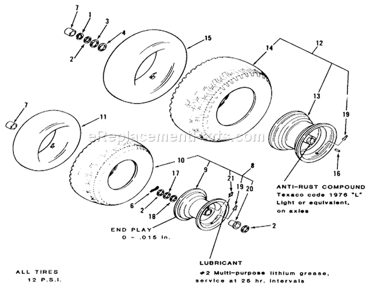 Wheels And Tires Diagram and Parts List for R2-17K502 1990 Toro Lawn Tractor