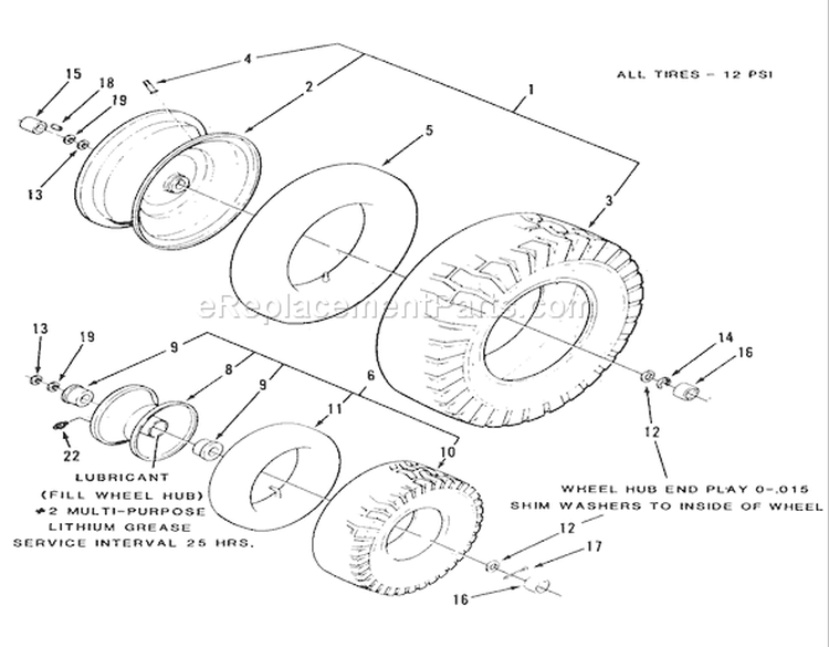 Wheels And Tires Diagram and Parts List for R3-10B401 1990 Toro Lawn Tractor