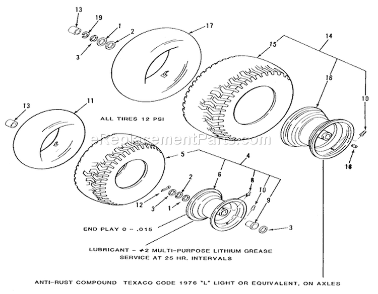 Wheels And Tires Diagram and Parts List for R2-12B501 1990 Toro Lawn Tractor