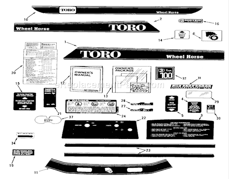 Decals, Miscellaneous Diagram and Parts List for R2-12B501 1990 Toro Lawn Tractor