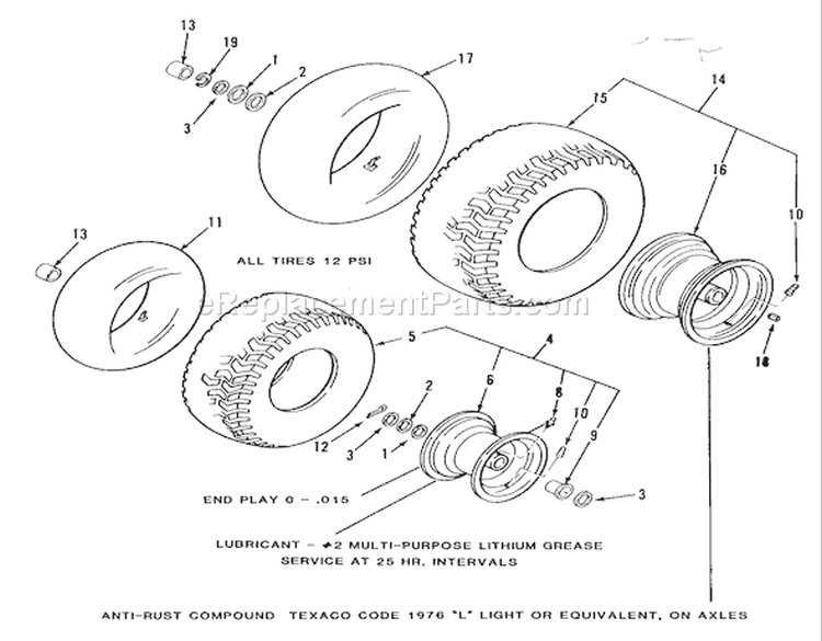 Wheels And Tires Diagram and Parts List for S2-12K501 1989 Toro Lawn Tractor