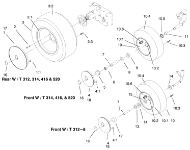 Wheel Assemblies Diagram and Parts List for 73502 7900001 - 7999999 Toro Lawn Tractor