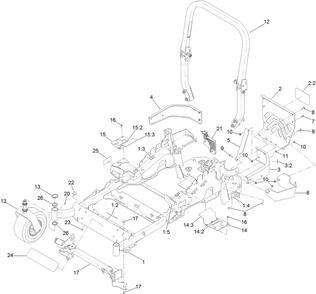 Main Frame, Caster Wheel And Z Stand Assembly Diagram and Parts List for 75969TE 402080000-403099999 Toro Lawn Mower