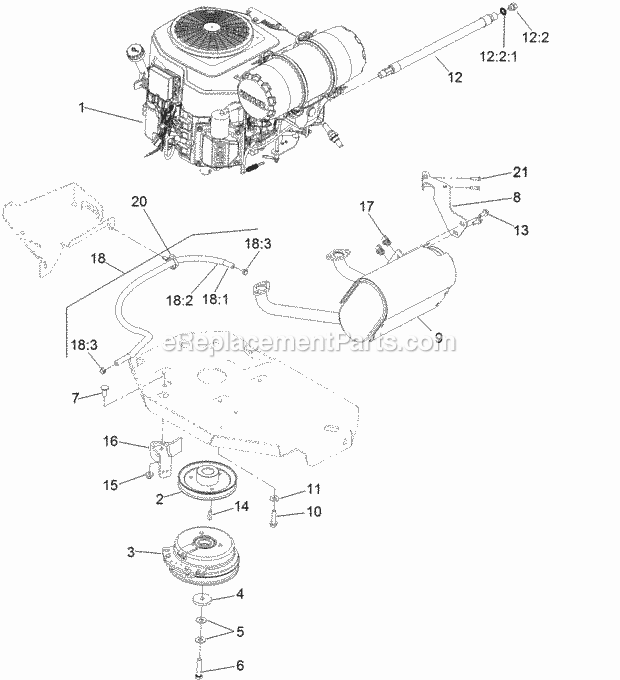 Engine, Muffler And Clutch Assembly Diagram and Parts List for 74956 313000001-313999999 Toro Lawn Mower
