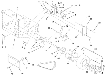 Wheel, Brakes And Traction Belts Diagram and Parts List for 30196 990201 - 999999 Toro Lawn Mower