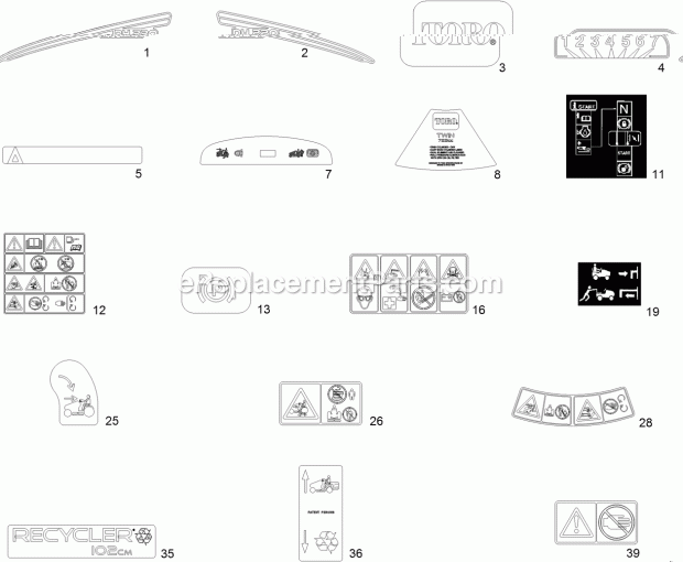 Decal Assembly Diagram and Parts List for 74596 312000001-312999999 Toro Lawn Mower