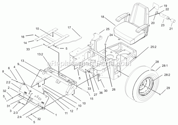 Main Frame Assembly Diagram and Parts List for 74179 230007001-230999999 Toro Lawn Mower