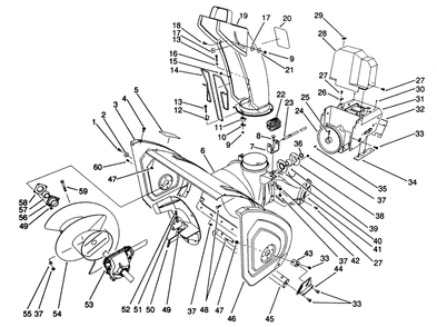 Housing & Chute Assembly Diagram and Parts List for 38574 1000001 - 1999999 Toro Snow Blower
