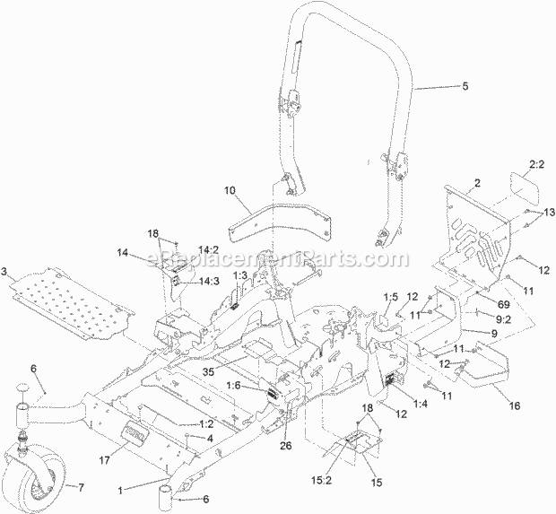 Frame And Caster Wheel Assembly Diagram and Parts List for 74954 312000001-312999999 Toro Lawn Mower