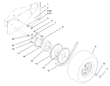 Brake, Wheel Pulley And Wheel Asm Diagram and Parts List for 30167 695001 - 699999 Toro Lawn Tractor Accessories
