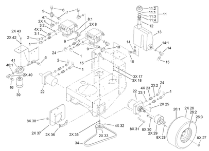 Hydraulic And Drive System Assembly Diagram and Parts List for 30299TE (230000001-230999999)(2003) Toro Lawn Mower