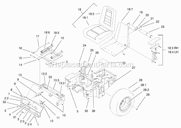 Main Frame Assembly Diagram and Parts List for 74174 200000001-200999999 Toro Lawn Mower