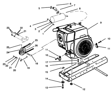 Engine, Muffler, Pulley & Drive Belt Diagram and Parts List for 73401 5901261 - 5999999 Toro Lawn Tractor