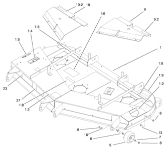 Deck, Deflector And Roller Assembly Diagram and Parts List for 74209 (0000001-0000999)(2000) Toro Lawn Mower