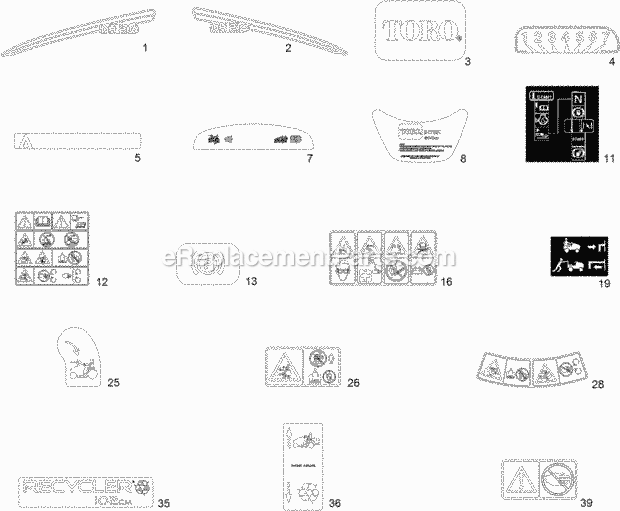 Decal Assembly Diagram and Parts List for 74585 312000001-312999999 Toro Lawn Mower
