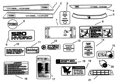 Decals Diagram and Parts List for 73501 59000001 - 59000411 Toro Lawn Tractor