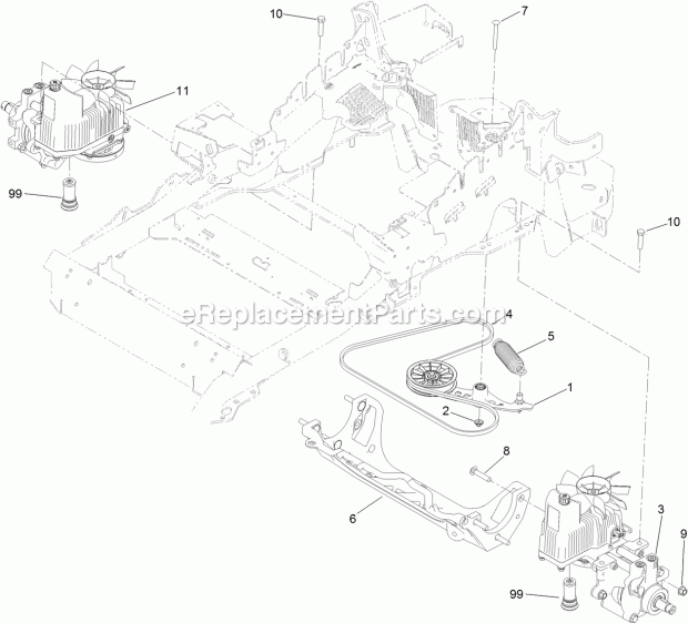 Hydraulic Pump, Idler And Belt Assembly Diagram and Parts List for 74957 315000001-315999999 Toro Lawn Mower