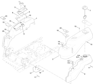 Body Styling And Fuel Tank Assembly Diagram and Parts List for 74781 316000001 - 316999999 Toro Lawn Tractor