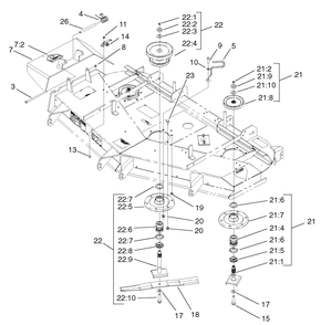 Spindle And Pulley Assembly Diagram and Parts List for 74213 (220000001-220999999)(2002) Toro Lawn Mower