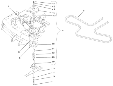 Blade, Spindle And Belt Assembly Diagram and Parts List for 74170 990001 - 999999 Toro Lawn Tractor