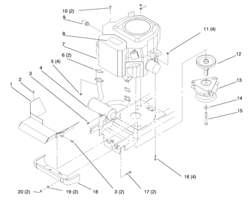 Twin Cylinder Engine, Muffler, And P.T.O. Diagram and Parts List for 72110 6900001 - 6999999 Toro Lawn Tractor