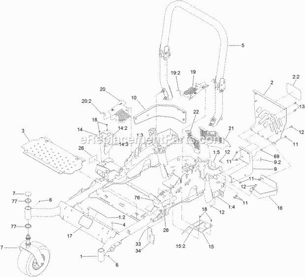 Frame And Caster Wheel Assembly Diagram and Parts List for 74927 315000001-315999999 Toro Lawn Mower