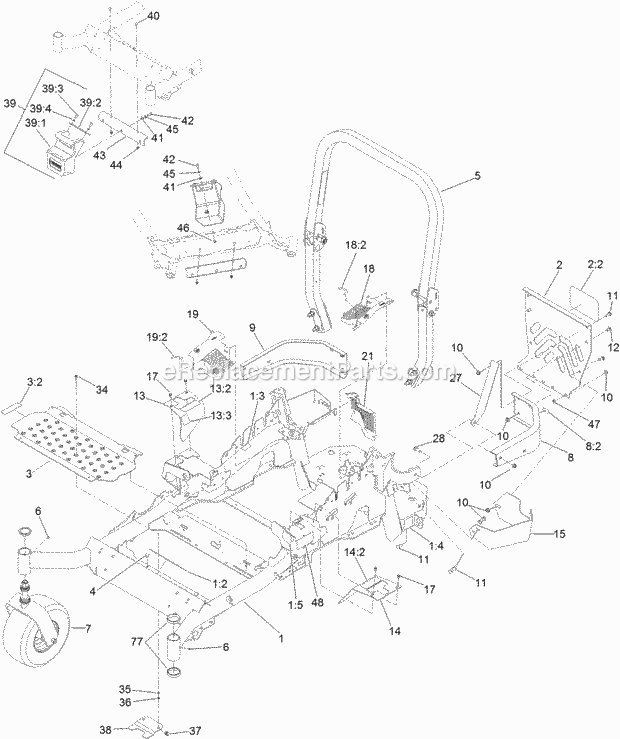 Frame And Caster Assembly Diagram and Parts List for 74942TE 315000001-315999999 Toro Lawn Mower