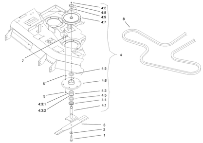 Blade, Spindle And Belt Assembly Diagram and Parts List for 74173 (990001-999999)(1999) Toro Lawn Mower