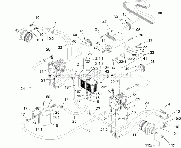 Hydraulic System Assembly Diagram and Parts List for 74239 250000001-250999999 Toro Lawn Mower