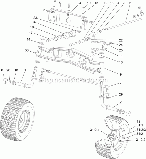 Front Axle Assembly Diagram and Parts List for 74596 312000001-312999999 Toro Lawn Mower