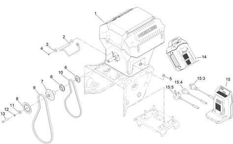 Powerhead, Battery, Belt And Pulley Assembly Diagram and Parts List for 31875 413000000 - 414119399 Toro Snow Blower