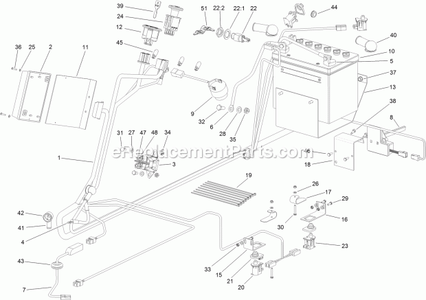Battery And Electrical Assembly Diagram and Parts List for 74585 312000001-312999999 Toro Lawn Mower