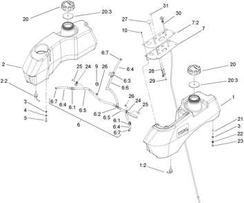Fuel System Assembly Diagram and Parts List for 74415 (250000001-250005000)(2005) Toro Lawn Mower