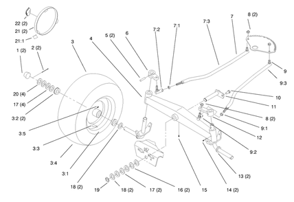Front Axle Diagram and Parts List for 72104 8900001 - 8900599 Toro Lawn Tractor