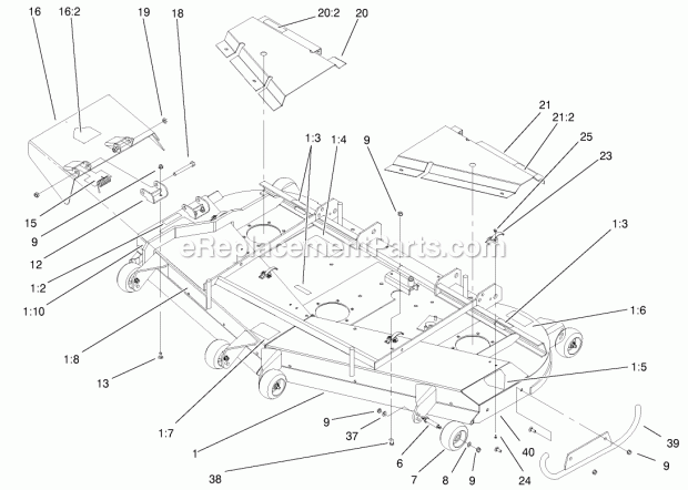 Deck, Deflector And Roller Assembly Diagram and Parts List for 74219 200000001-200999999 Toro Lawn Mower